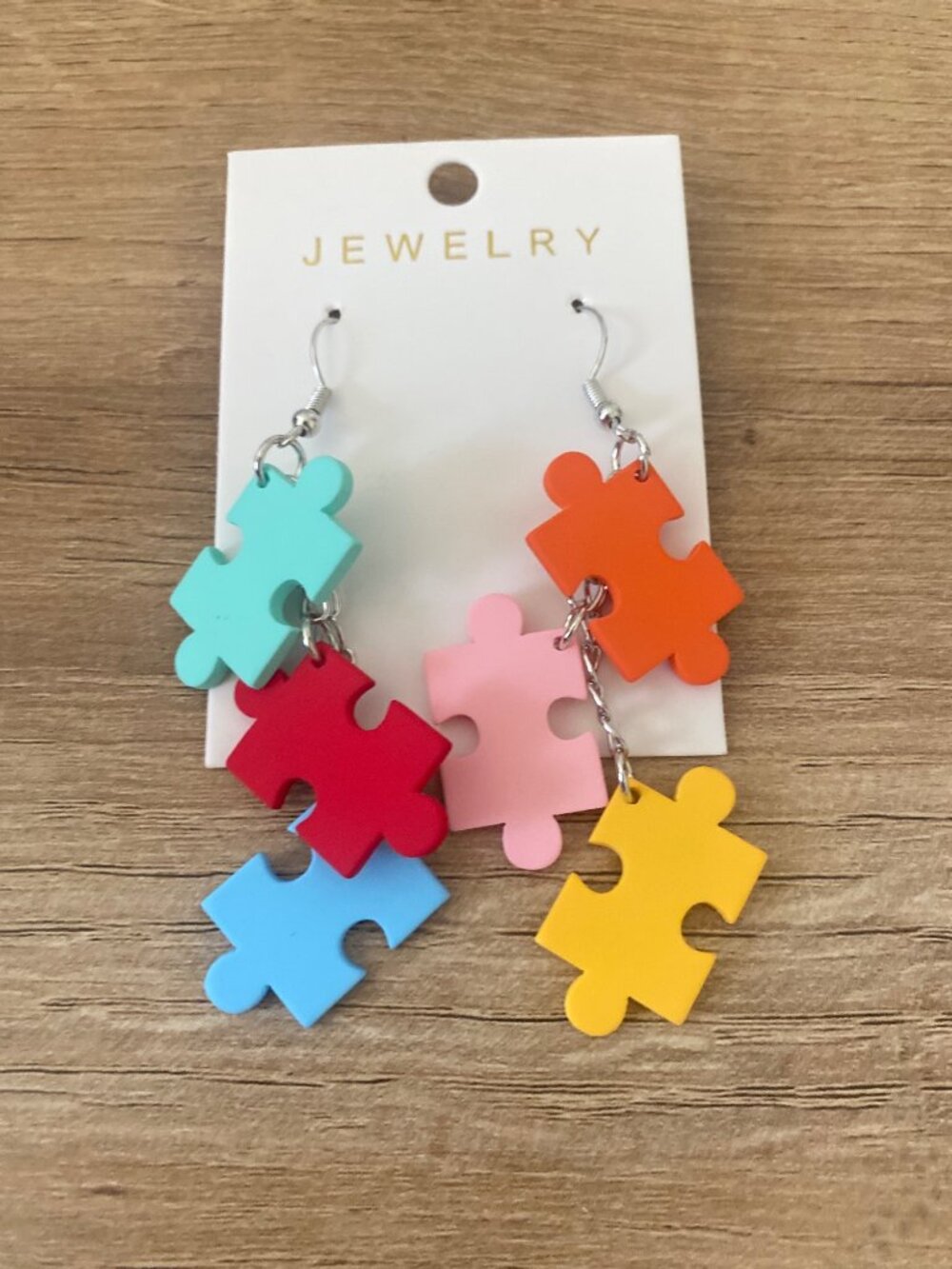 New Colorful Puzzle Piece Dangle Autism Earrings 3.5"